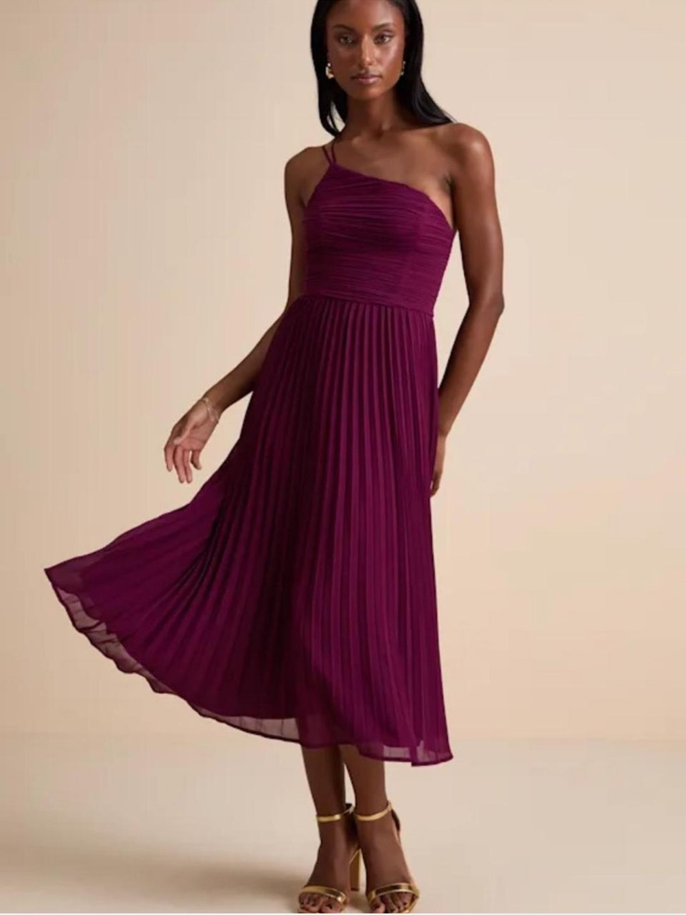 Lulus Wondrous Muse Plum Pleated One-Shoulder Midi Dress
